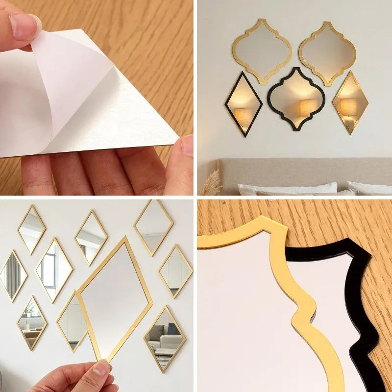 miroirs adhésifs géométriques modernes noirs dorés salle bain couloir décoration brillante ornementnels autoadhésifs