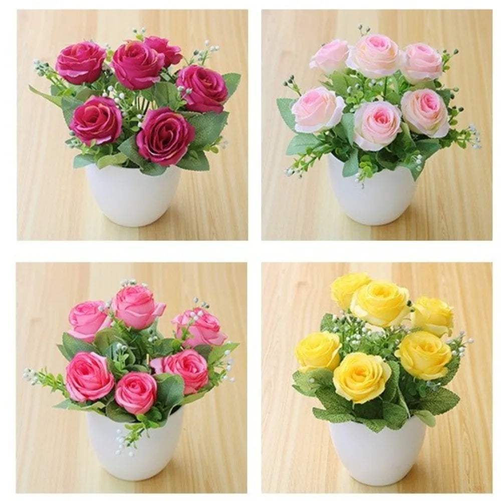 Bouquet artificiel rose blanc bleu jaune violet feuilles vertes décoration intérieure moderne minimaliste