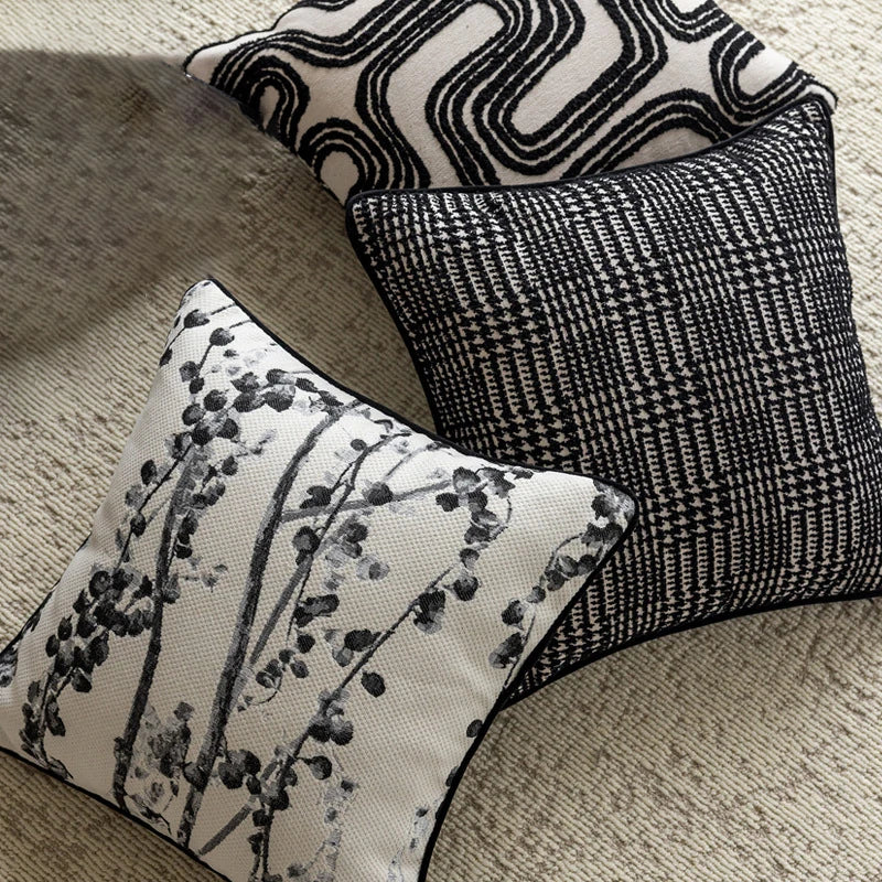 housses coussins brodés géométriques blanc noir contemporains adhésifs decoration maison voiture 45x45cm
