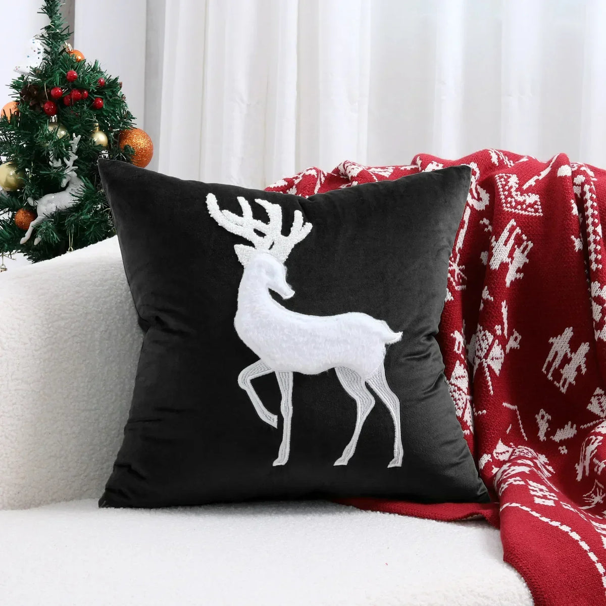 housse coussin velours noël arbre flocons good night rouge vert decoration carré tufted polyester