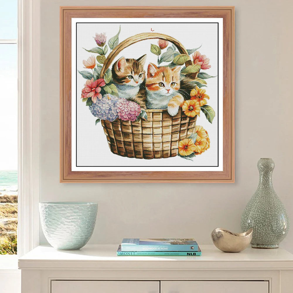 toile broder motif floral chats panier broderie coton moderne art populaire aiguilles fils instructions