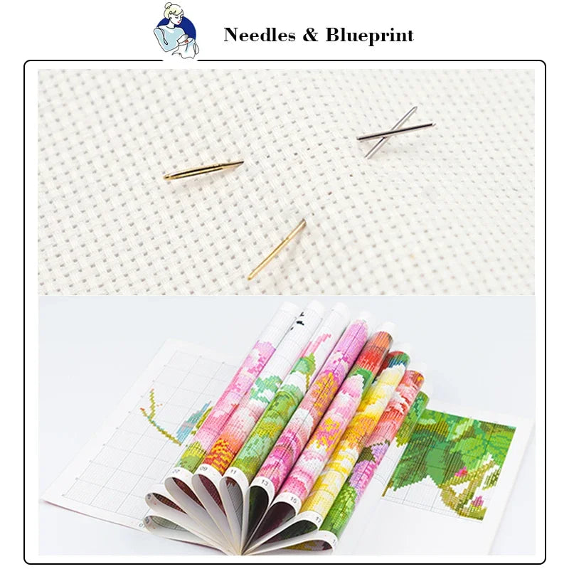 kit broderie paysage maison fleurs cascade moderne multicolore fil aiguille plan imprimée toile coton
