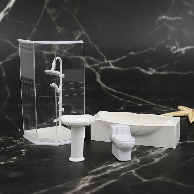 accessoires deco maison poupée ensemble salle bain douche baignoire evier wc resine blanc moderne