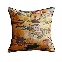 coussin carré beige clair motif géométrique moderne broderie lignes triangles décoration salon maison