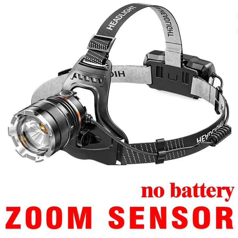 lampe frontale rechargeable led noir zoom ipx4 étanche mode sensor high low strobe camping
