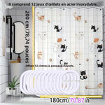 rideau douche moderne chatons mignons motif enfantin blanc noir orange opaques anneaux inoxydables