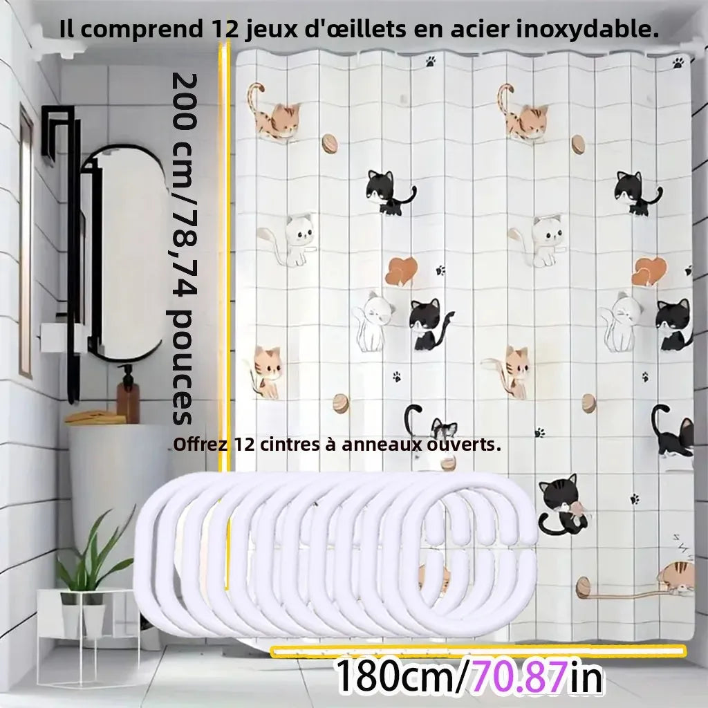 rideau douche moderne chatons mignons motif enfantin blanc noir orange opaques anneaux inoxydables
