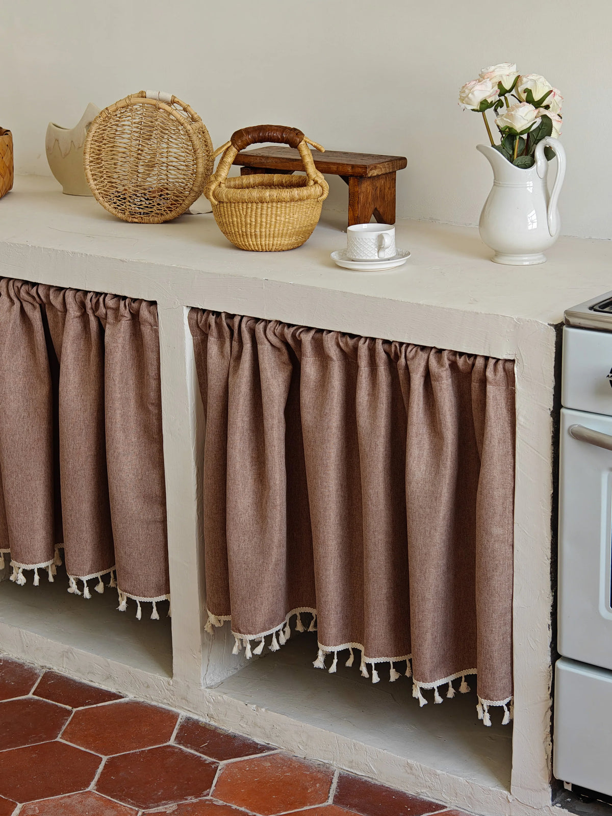 rideau cuisine beige classique 100 polyester opaque franges 30 70 90 cm