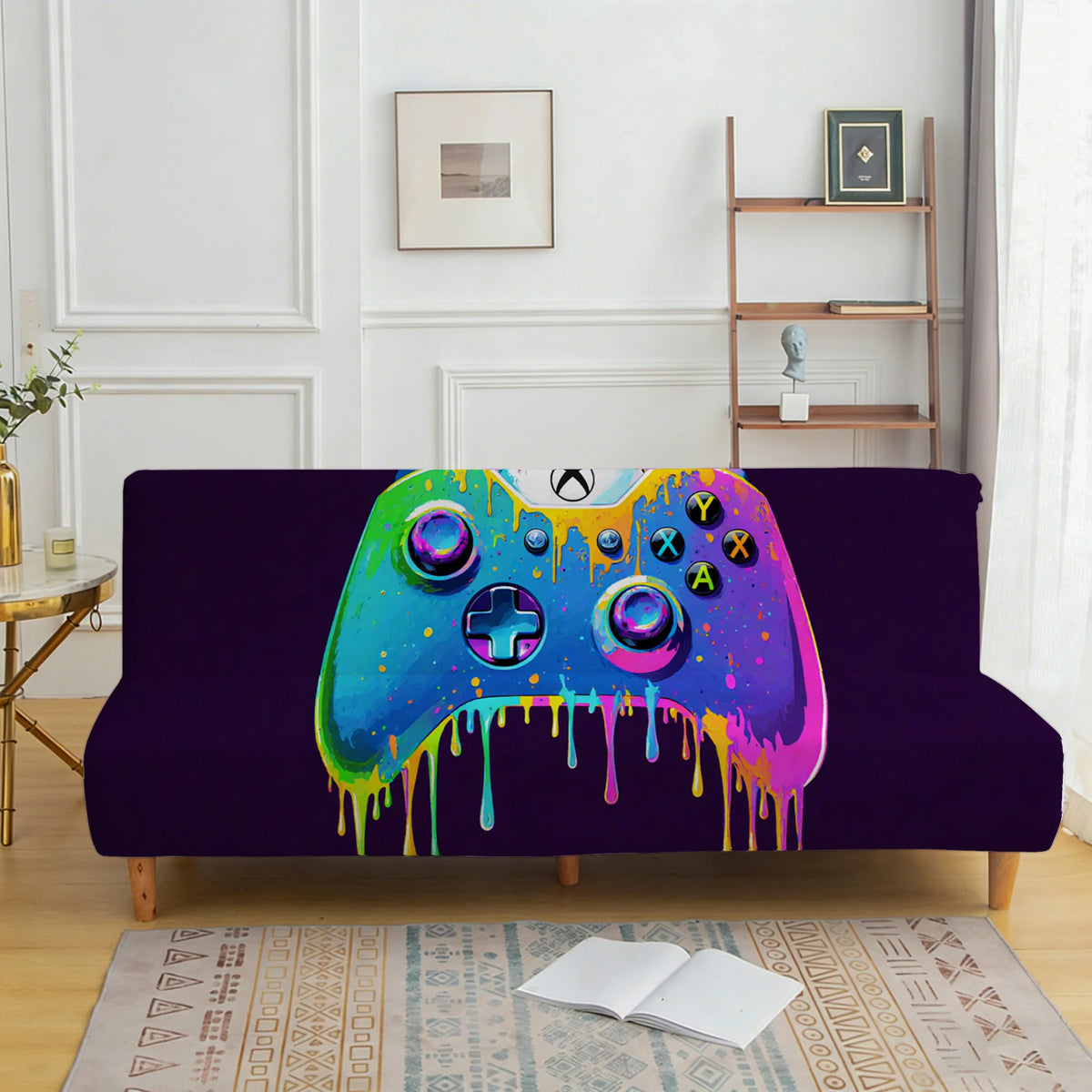 couverture canapé lit extensible lavable machine violet moderne manette jeu gouttes colorées 185 210cm