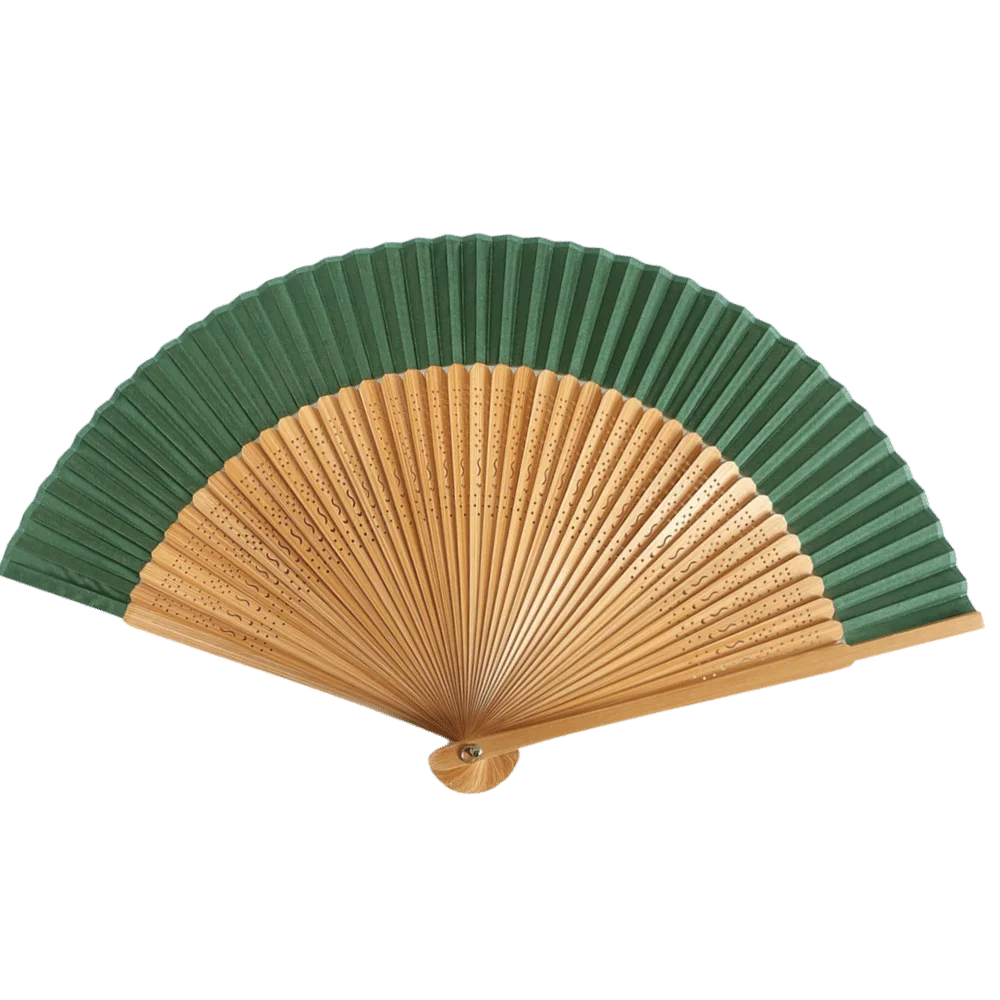 éventail traditionnel rose clair vert noir rayures géométriques opacité pliant bambou tissu pompon rouge