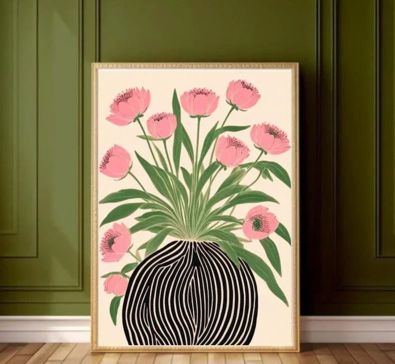 affiche floral sans cadre peinture toile fleurs vases pastel abstrait illustration horizontale chambre maison
