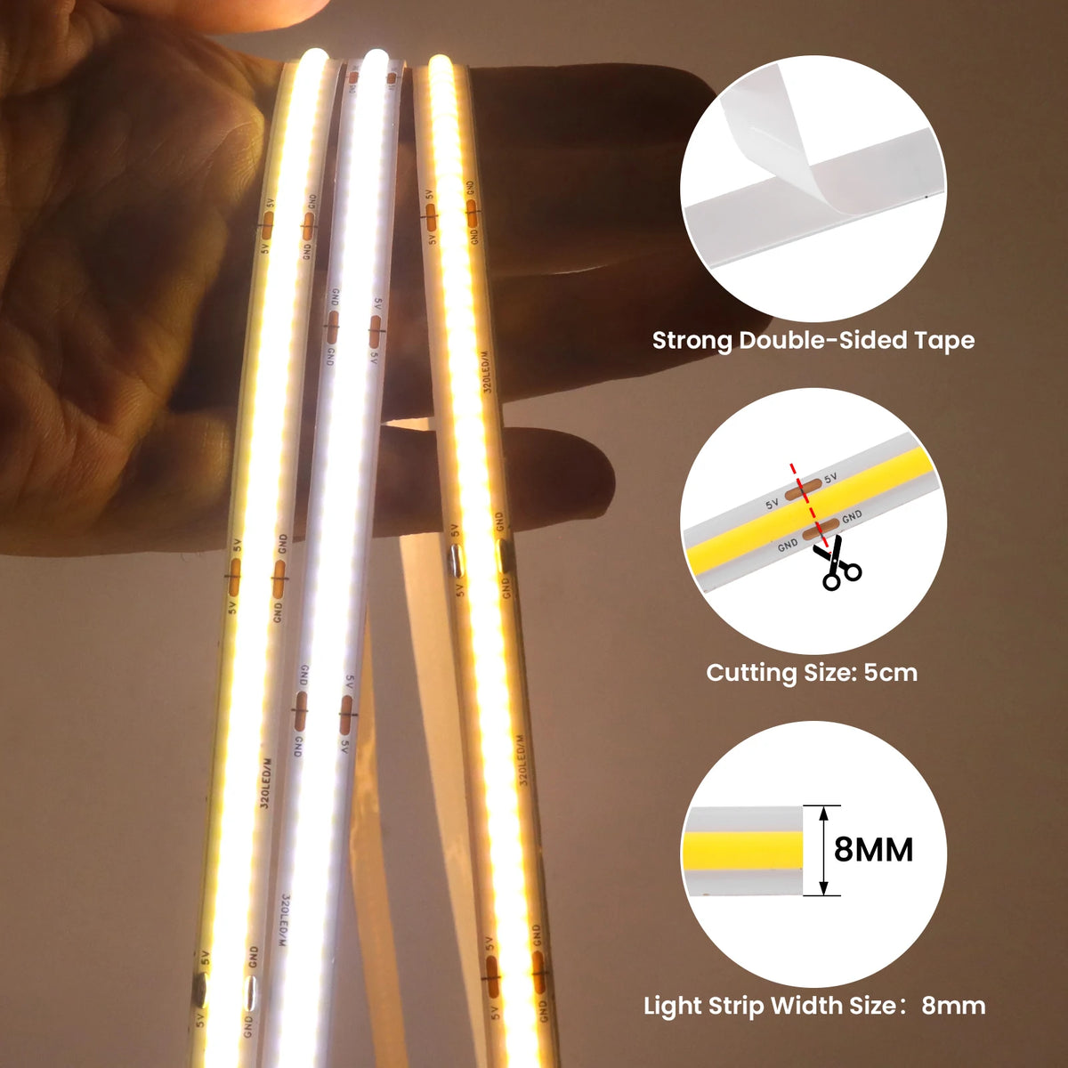 ruban led flexible 320 led blanc jaune gris moderne double face adhésive 5v 3000k