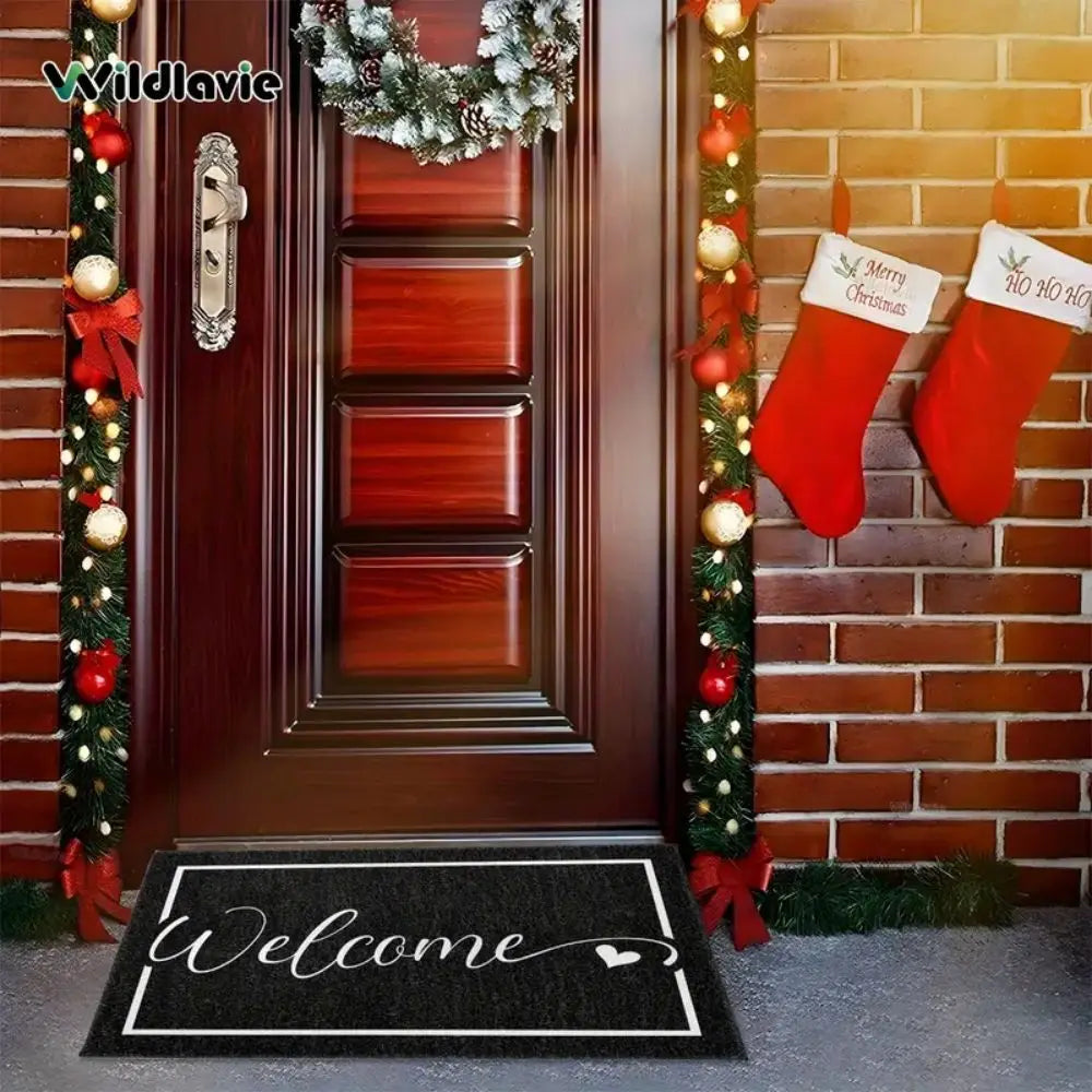 tapis d'entrée noir welcome moderne anti dérapant polyester machine lavable 50x80cm