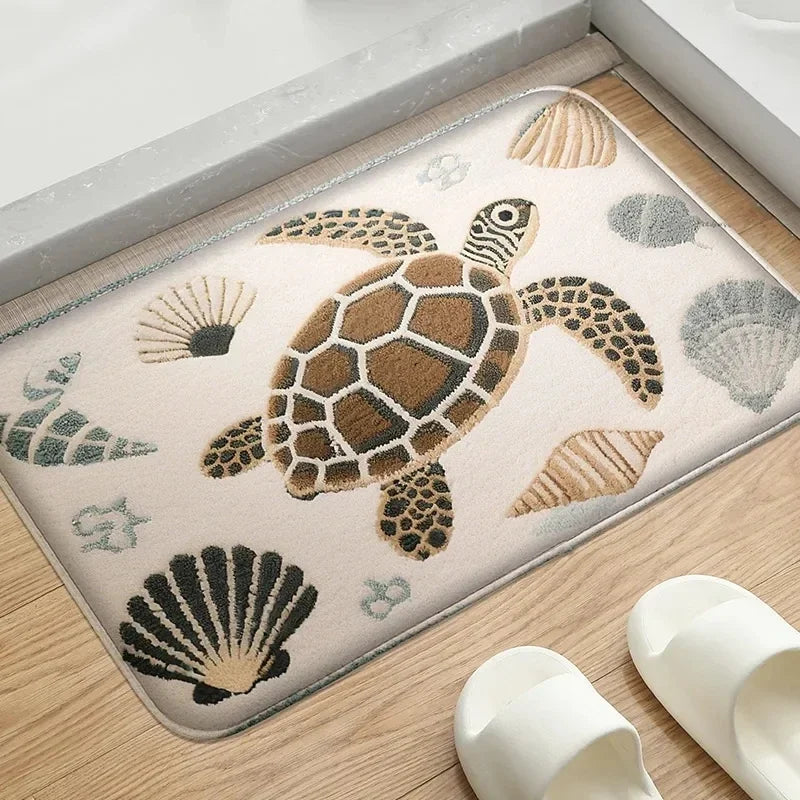 tapis sol moderne motif marin tortue ancre voilier couleurs vives beige marron gris