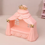 lit poupée princesse banc rose clair couronne rubans fenêtres blances résine