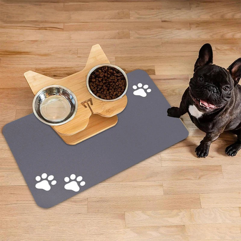tapis nourriture animal gris imprimé pattes blanc moderne imperméable antidérapant bols support