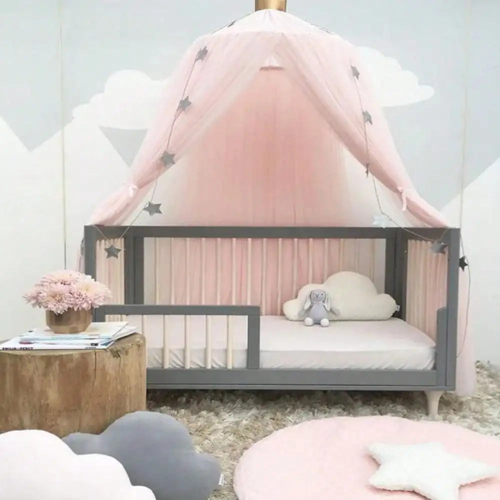 rideau lit bébé rose étoiles blancs tulle décoratif quatre saisons