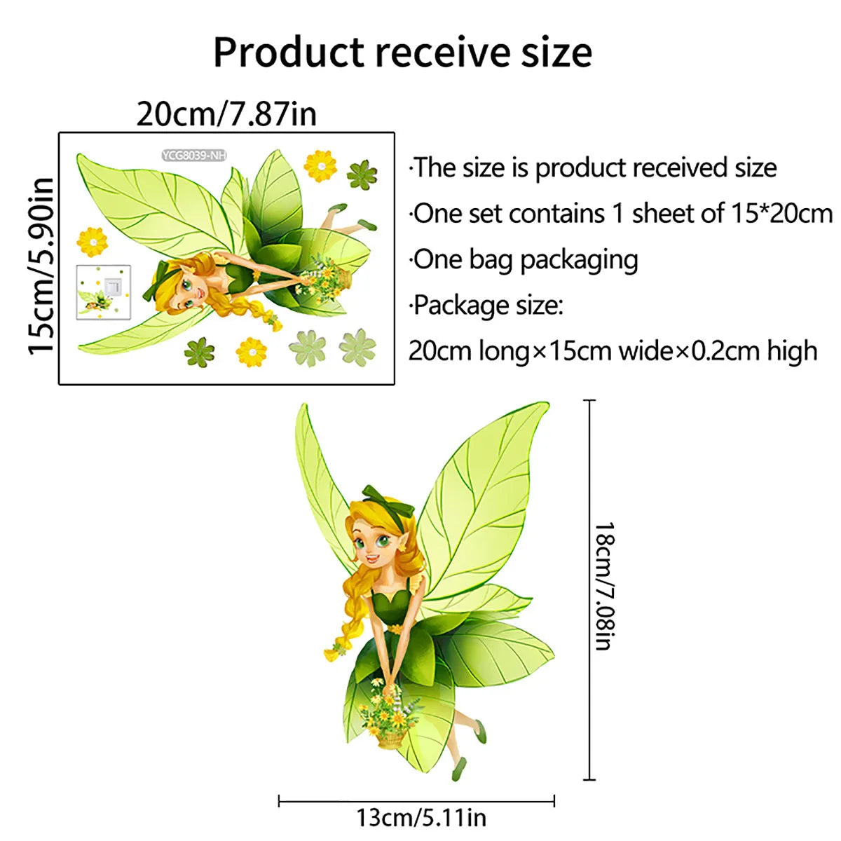 sticker mural fée papillons lune vert rose blanc dessin animé chambre enfants fluorescent
