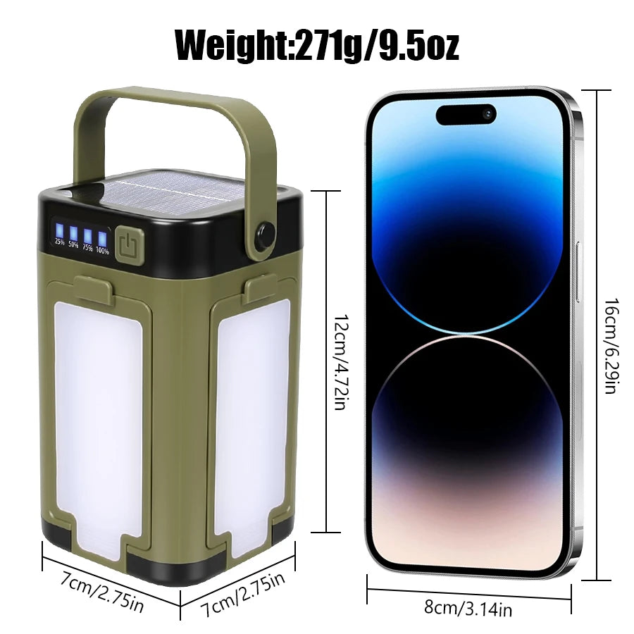 lampe camping solaire rechargeable led vert olive noir moderne modes affichage puissance poignée amovible
