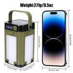 lampe camping solaire rechargeable led vert olive noir moderne modes affichage puissance poignée amovible