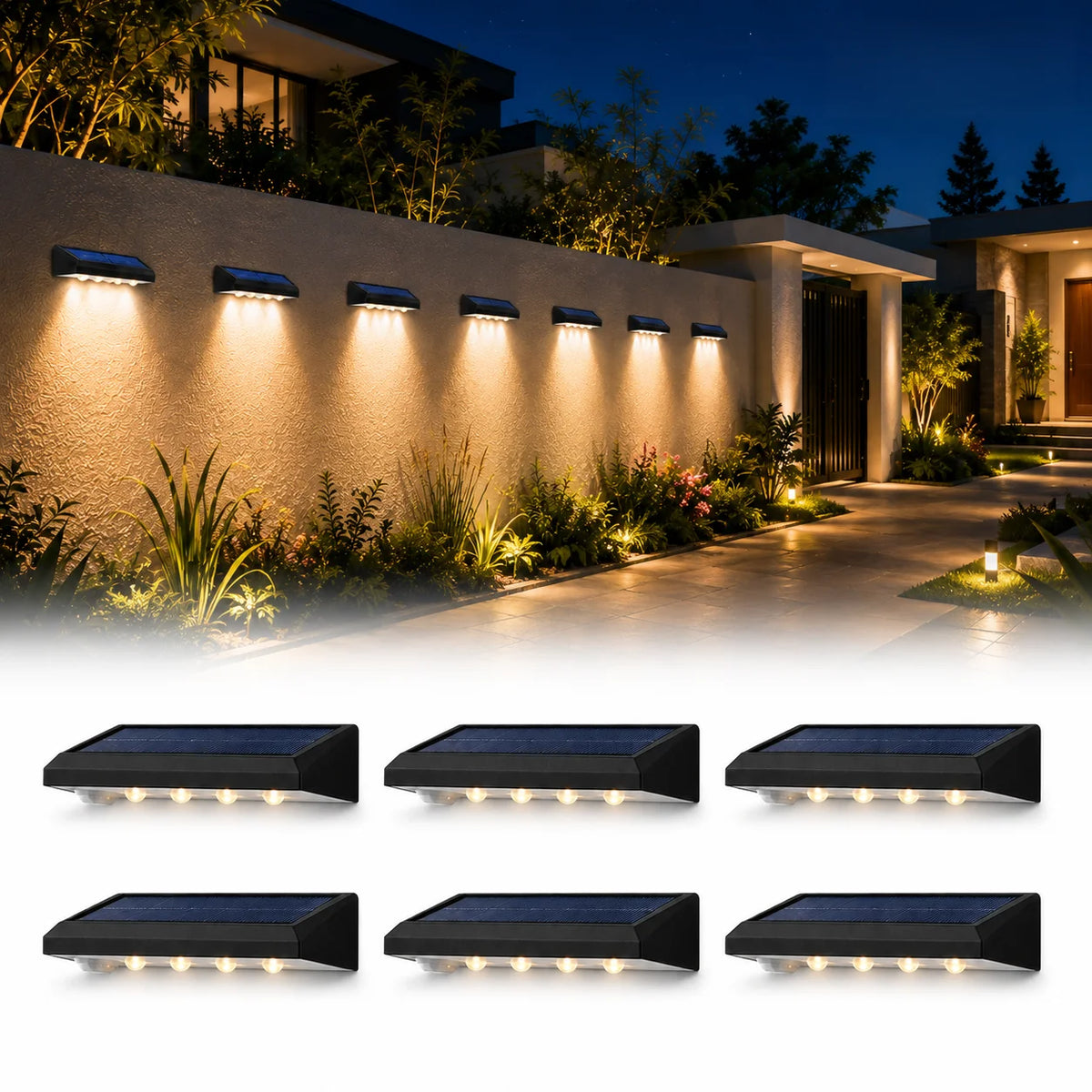 éclairage solaire clôture cheminée 6pc led noir ip44 mur moderne autonomie rechargeableextérieur