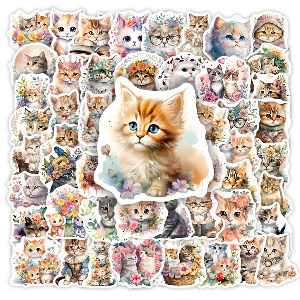 stickers chats mignons illustrations adhésifs multicolores transparents waterproof diy bricolage scrapbook bouteilles téléphone portable