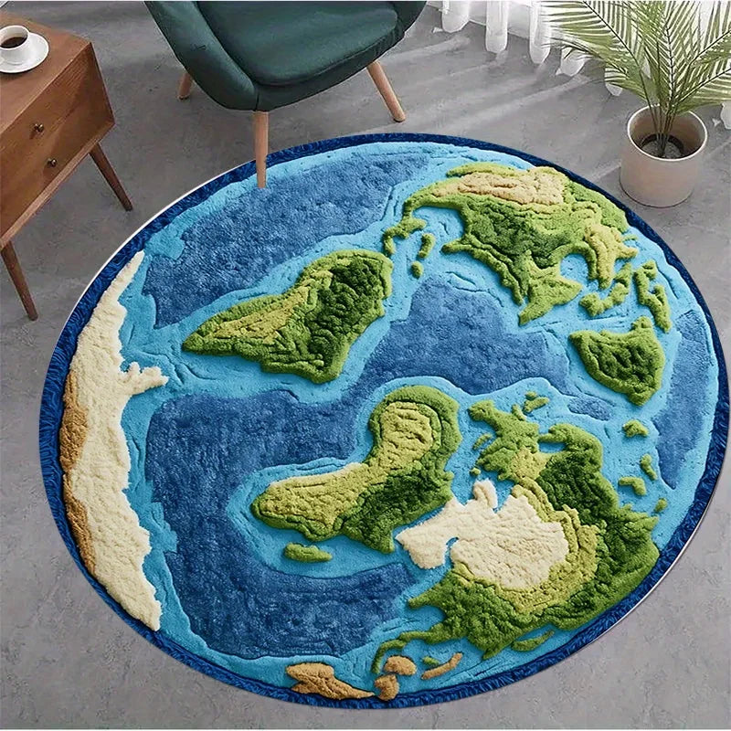tapis rond relief 3d continents bleu vert beige moderne antidérapant polyester insonorisation chambre