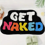 tapis bain antidérapant lettres GET NAKED peluche moderne noir gris rose