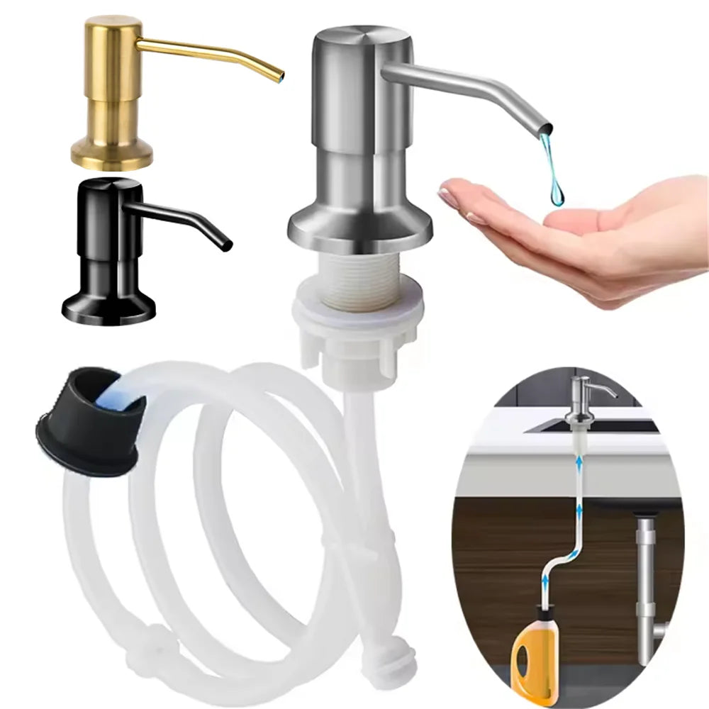 distributeur savon liquide or noir argent acier inoxydable moderne lisse fixations tube extension bouteille