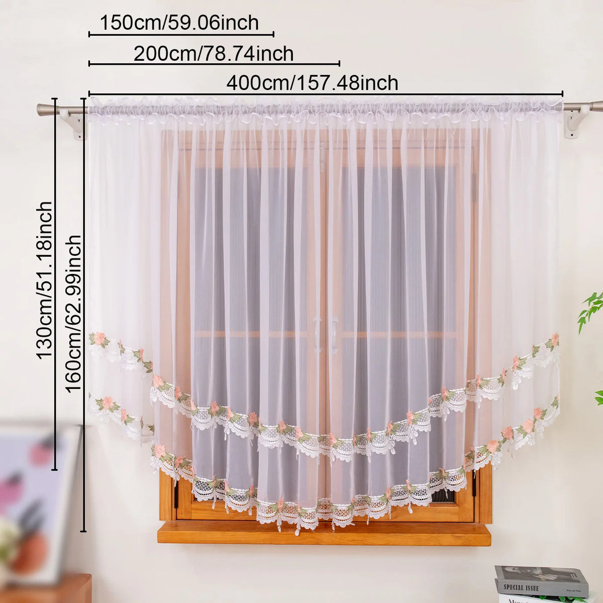 rideau transparent brodé fleurs dentelle romantique tissu plissé blanc rose vert chambre salonhôtel