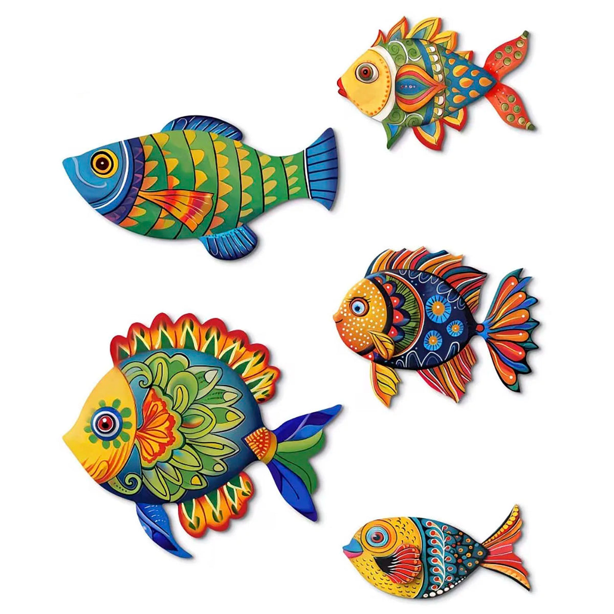 décoration murale poissons colorés motifs floraux artisanal adhésif salon vert bleu jaune orange rouge