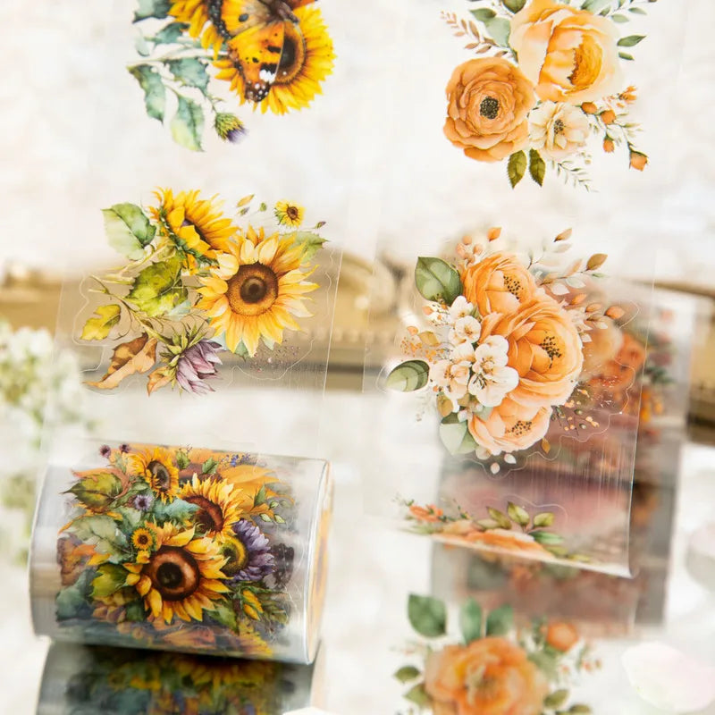 ruban decoratif floral vintage adhesif jaune orange rose violet vert blanc tournesols roses motifs