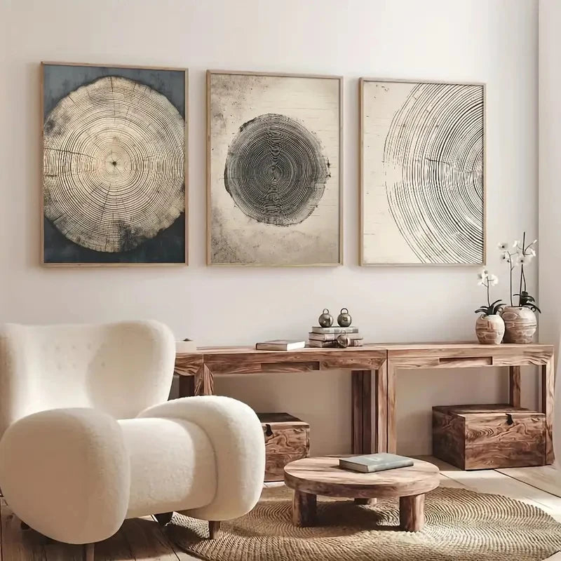 tableaux abstraits minimaliste noir beige gris clair cercles concentriques lignes horizontales toile cadres bois