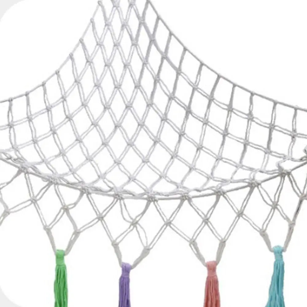 filet suspendu rose blanc maille régulière franges anneaux métalliques réutilisable créatif artisanal