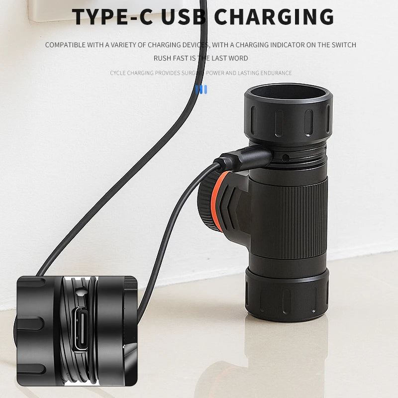 lampe frontale led rechargeable noire orange ceinture ajustable mode bas moyen haut étanche camping