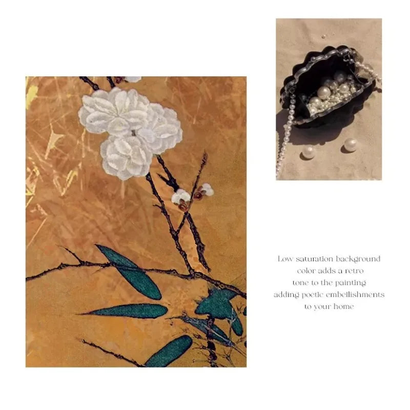 paravent artisanal traditionnel fleurs oiseaux texture parchemin noir doré maison salon