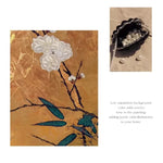 paravent artisanal traditionnel fleurs oiseaux texture parchemin noir doré maison salon