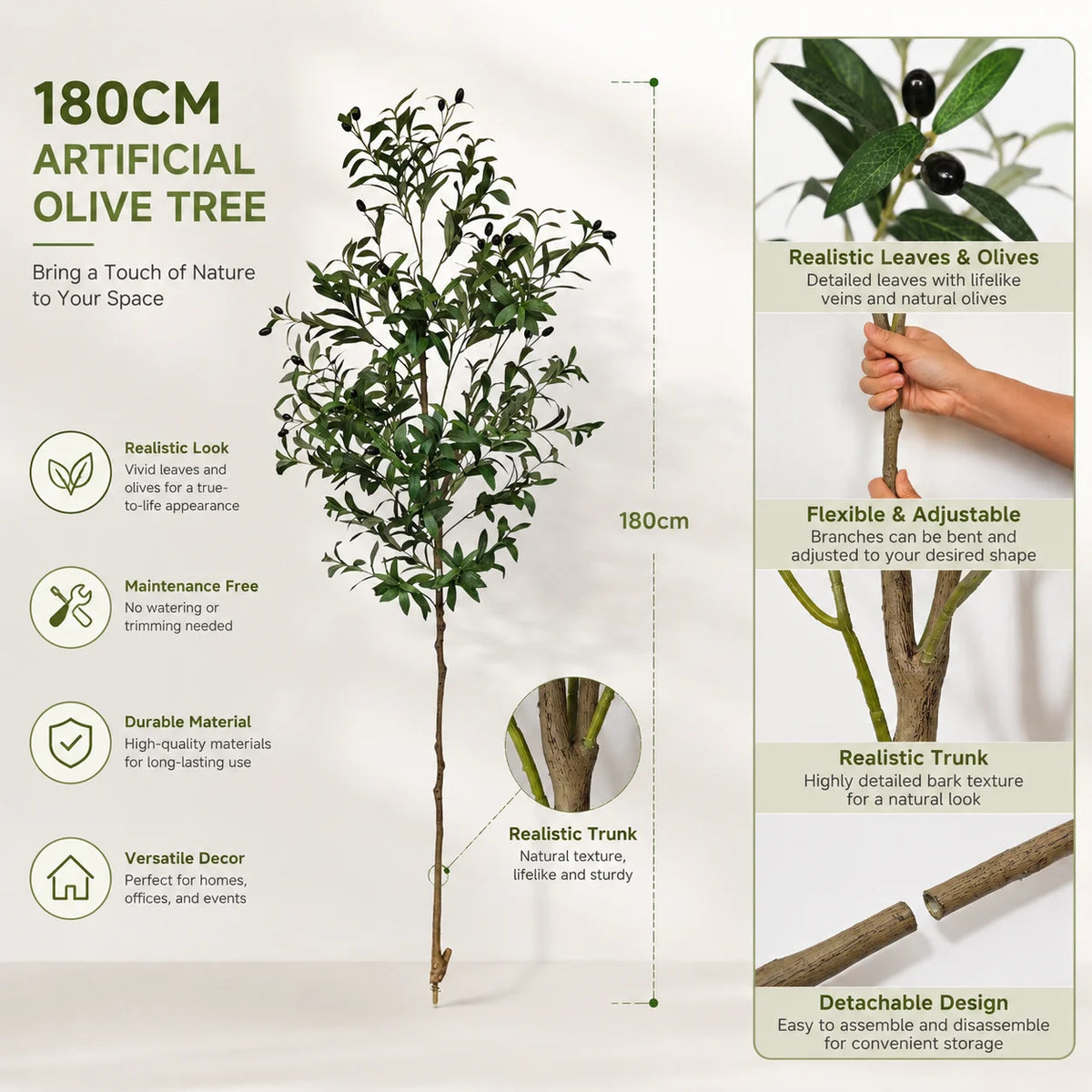 arbre artificiel olivier vert pot blanc moderne 180cm feuilles fines salon extérieur decoration