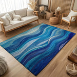 tapis moderne bleu rayures ondulées imperméable antidérapant bain entrée salon extérieur