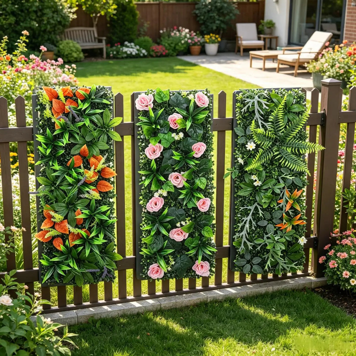 panneau mural végétal feuilles fleurs artificielles clips moderne décoration extérieure vert orange rose blanc