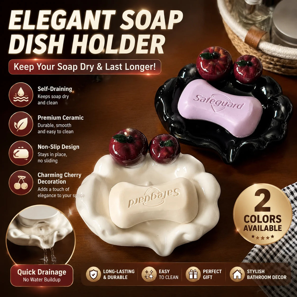 support savon céramique blanc noir pommes drainage élégant moderne salle bains rustique