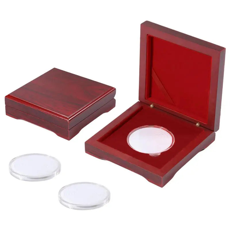 boîte bijoux velours rouge clips protections transparentes classique rangement pièces collectionnement sécurité élégant