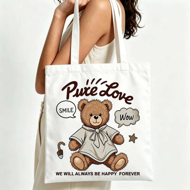 sac main toile blanc nounours mignon pure love smile wow heureux impressions cartoonesque poignées