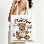 sac main toile blanc nounours mignon pure love smile wow heureux impressions cartoonesque poignées