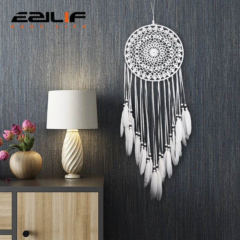 attrape rêves traditionnel blanc crocheté plumes décoration chambre nordique fil fixé erotique