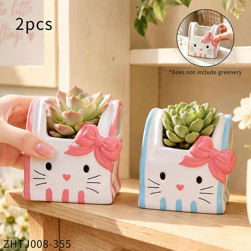 cache pot résine forme chat blanc bleu rose yeux noirs narines roses sourcils noirs
