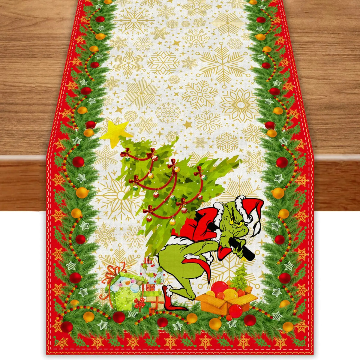 chemin table noël lin blanc motifs flocons neige guirlande sapin décoration table hiver
