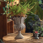 urne jardin fer forgé vintage motif feuilles cage métallique statue femme étagère bois