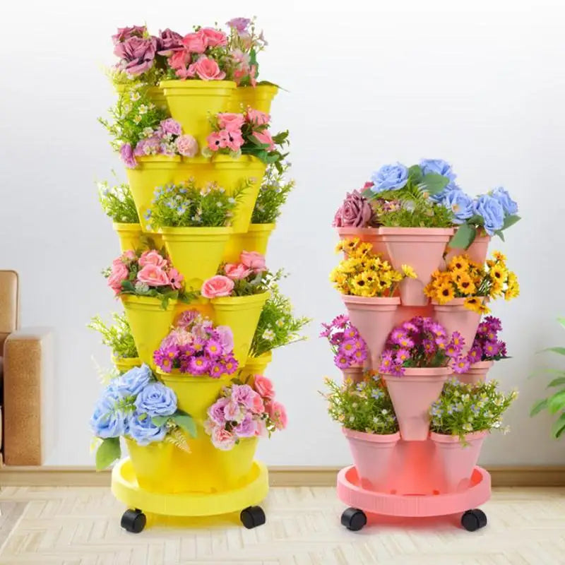 jardinière verticale empilable pots fleurs coniques roulettes mobiles moderne pratique