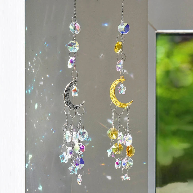 mobile mural boho lune étoiles cristaux argent doré romantique chambre salon decoration extérieure jardin